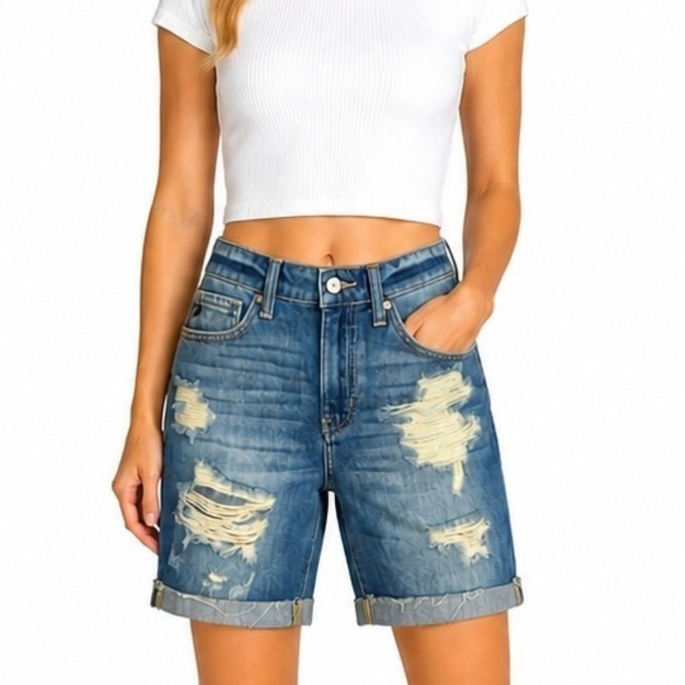 KanCan The Cool Mom Shorts Distressed Cuffed Denim KC8407YT Blue Womens Small
